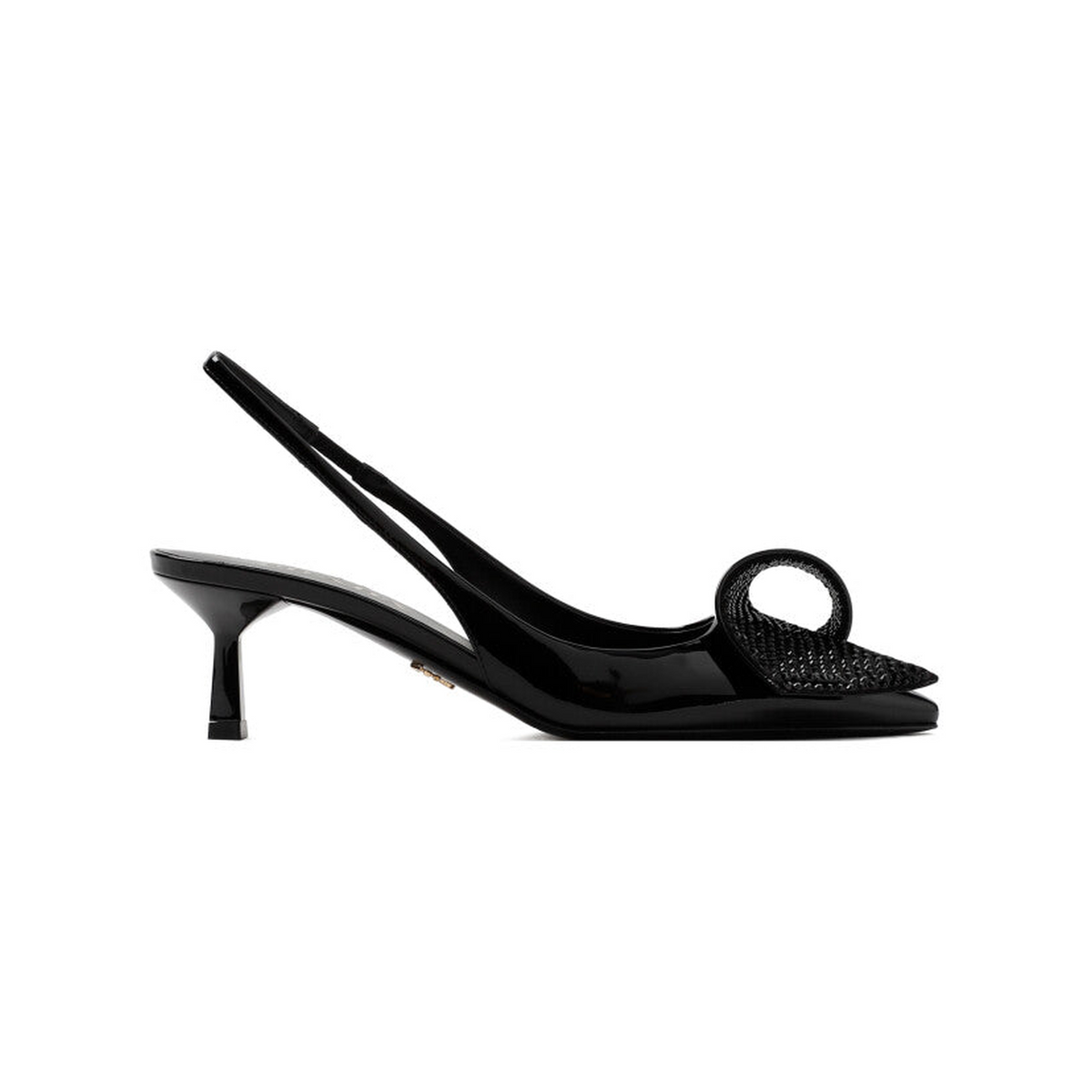 Prada Black Patent Leather Slingback Kitten Heels with Woven Circle Detail