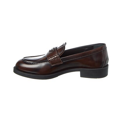 Prada Brushed Leather Brown Logo Penny Loafers