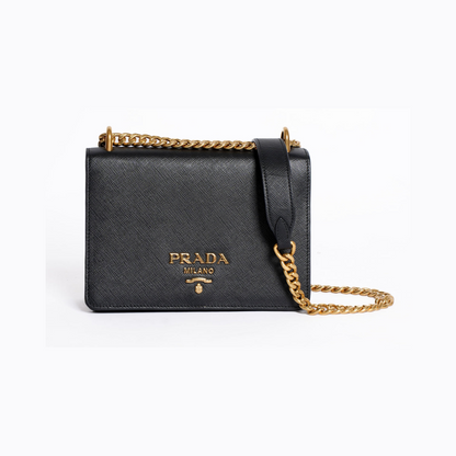 Prada Saffiano Leather Flap Chain Crossbody Bag in Black