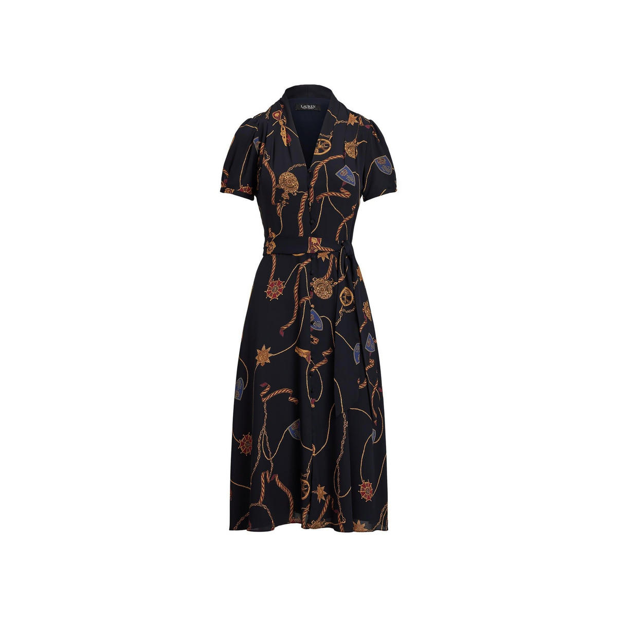 Print Belted Georgette Puff-Sleeve Dress