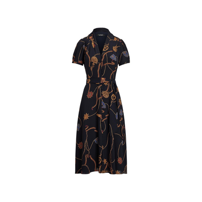 Print Belted Georgette Puff-Sleeve Dress