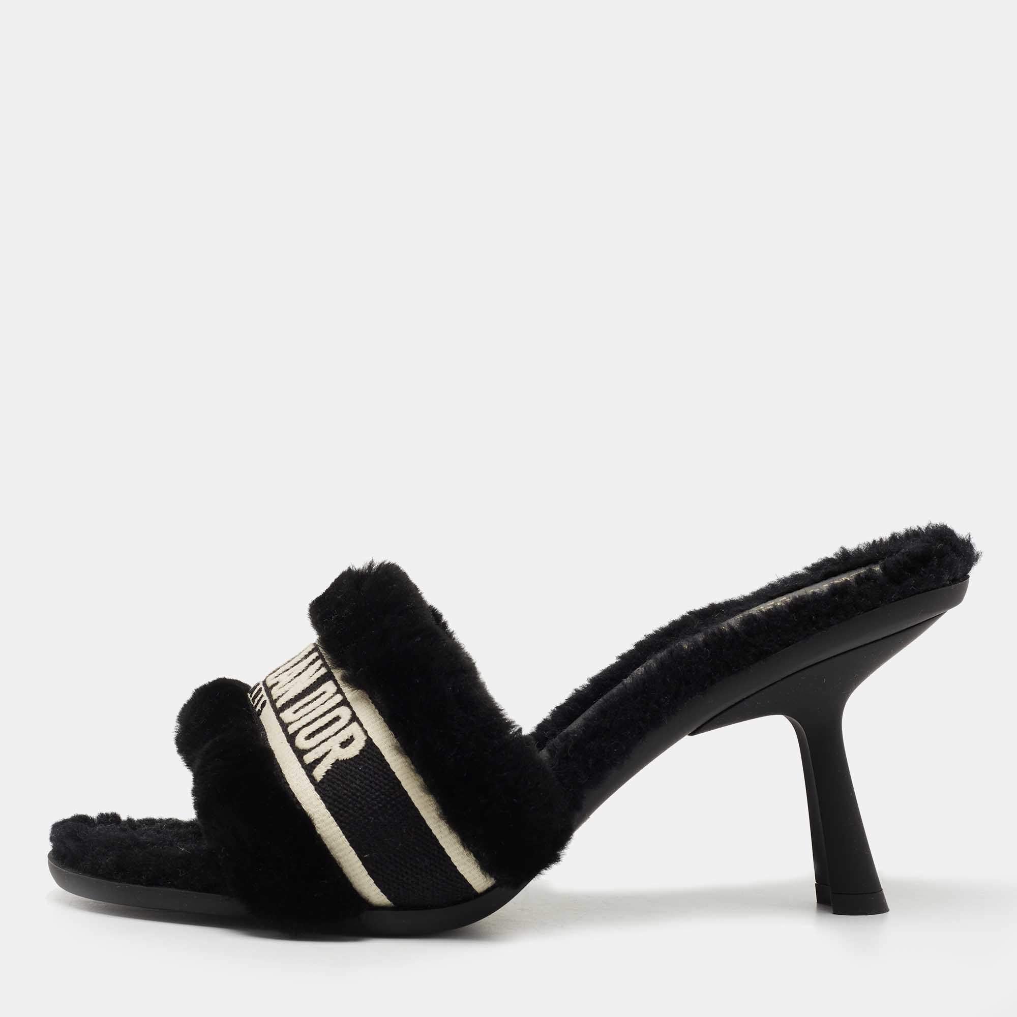 Dior Black Shearling Fur and Embroidered Canvas Dway Slide Sandals