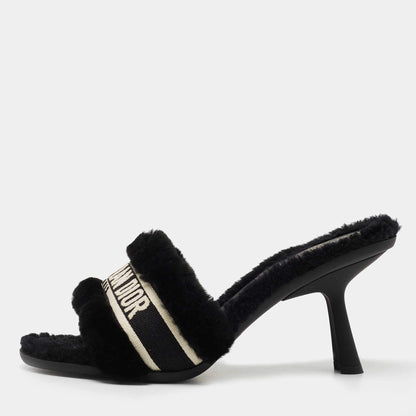 Dior Black Shearling Fur and Embroidered Canvas Dway Slide Sandals