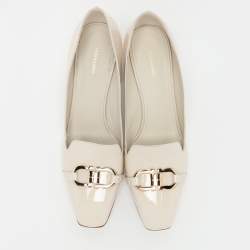 Salvatore Ferragamo Cream Patent Leather Gancini Block Heel Pumps