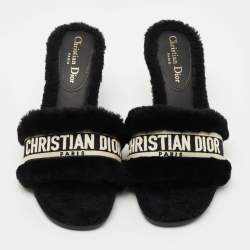 Dior Black Shearling Fur and Embroidered Canvas Dway Slide Sandals