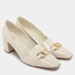 Salvatore Ferragamo Cream Patent Leather Gancini Block Heel Pumps