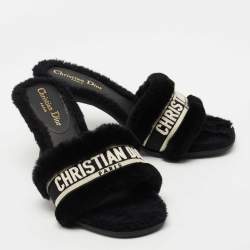 Dior Black Shearling Fur and Embroidered Canvas Dway Slide Sandals