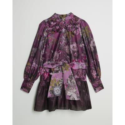 Purple 3D Floral Belted Mini Dress