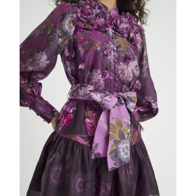 Purple 3D Floral Belted Mini Dress