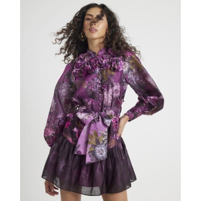 Purple 3D Floral Belted Mini Dress
