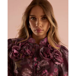 Purple 3D Floral Long Sleeve Blouse