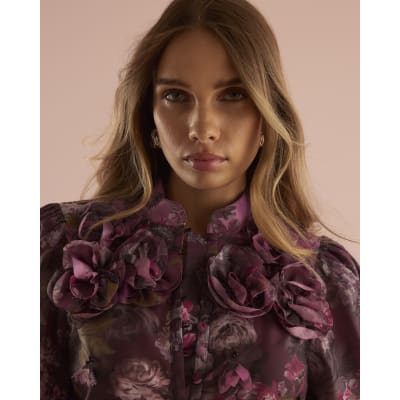 Purple 3D Floral Long Sleeve Blouse