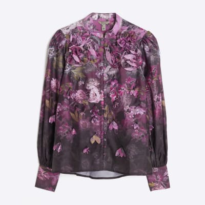 Purple 3D Floral Long Sleeve Blouse