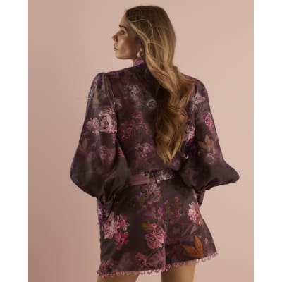 Purple 3D Floral Long Sleeve Blouse