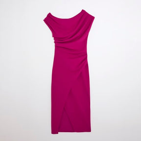 Purple Asymmetric Draped Wrap Midi Dress