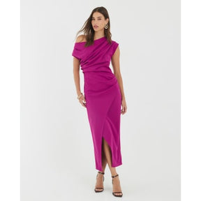 Purple Asymmetric Draped Wrap Midi Dress