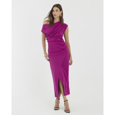 Purple Asymmetric Draped Wrap Midi Dress