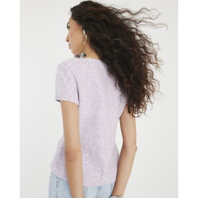 Purple Boucle Cap Sleeve Top