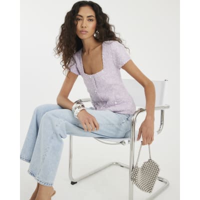 Purple Boucle Cap Sleeve Top