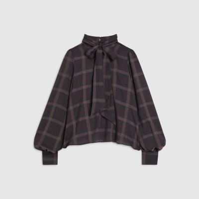 Purple Check Print Pussybow Blouse