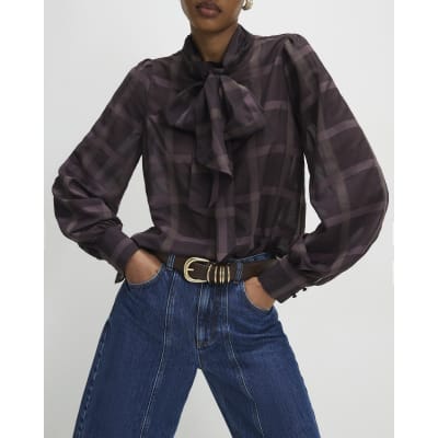 Purple Check Print Pussybow Blouse