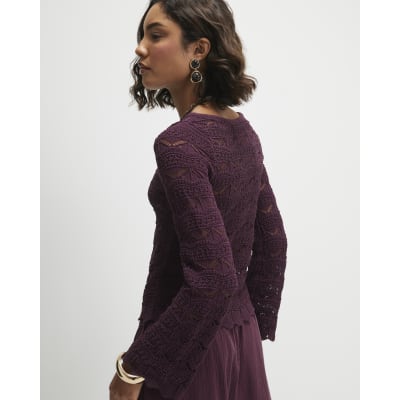 Purple Crochet Knit Boat Neck Jumper