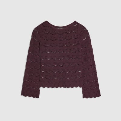 Purple Crochet Knit Boat Neck Jumper