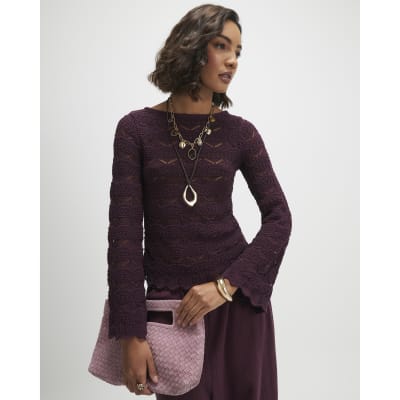 Purple Crochet Knit Boat Neck Jumper