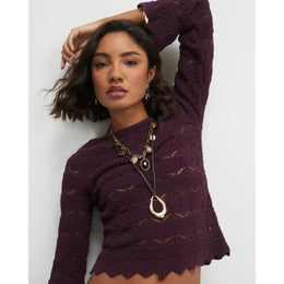 Purple Crochet Knit Boat Neck Jumper