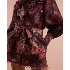 Purple Dark Floral Belted Shorts