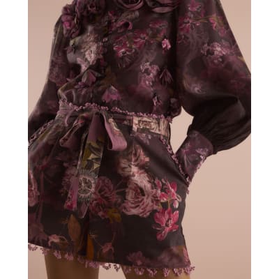 Purple Dark Floral Belted Shorts