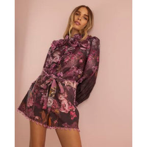 Purple Dark Floral Belted Shorts