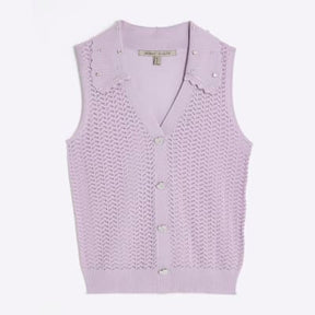 Purple Embellished Collar Sleeveless Knit Top