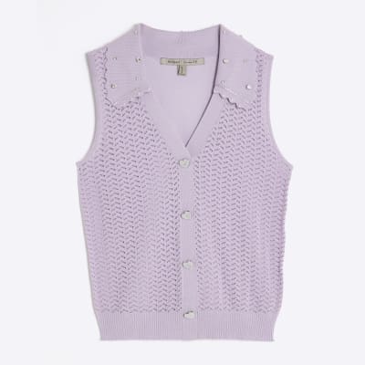 Purple Embellished Collar Sleeveless Knit Top