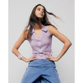 Purple Embellished Collar Sleeveless Knit Top