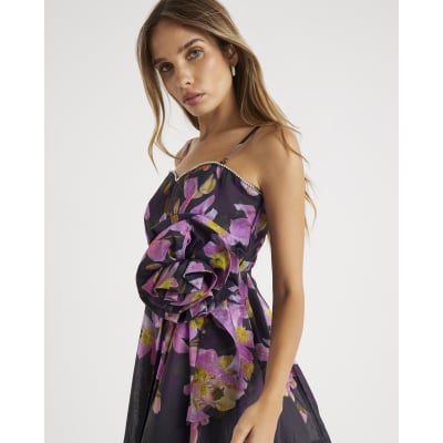 Purple Floral Print Embellished Mini Dress