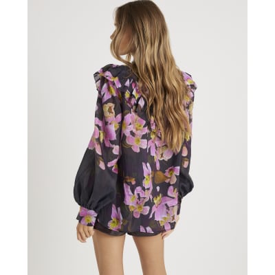 Purple Floral Print Embellished Shirt