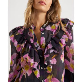 Purple Floral Print Embellished Shirt