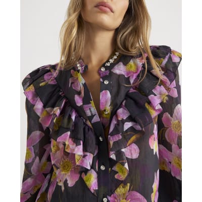 Purple Floral Print Embellished Shirt
