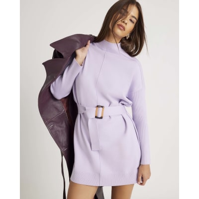 Purple Long Sleeve Belted Jumper Dress
