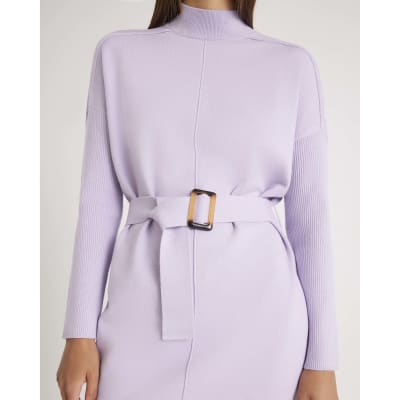 Purple Long Sleeve Belted Jumper Dress