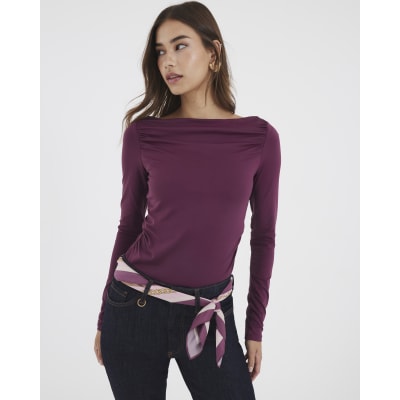 Purple Long Sleeve Ruched Drape Top
