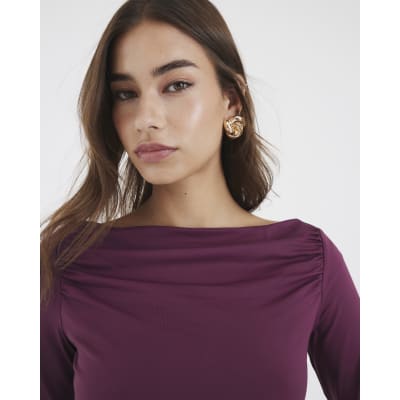 Purple Long Sleeve Ruched Drape Top