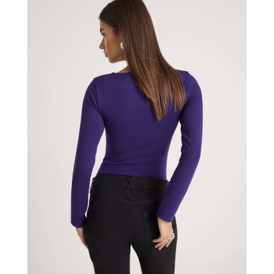 Purple Long Sleeve V Neck Ruched Bodysuit