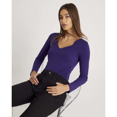 Purple Long Sleeve V Neck Ruched Bodysuit
