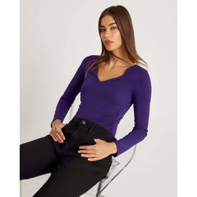 Purple Long Sleeve V Neck Ruched Bodysuit