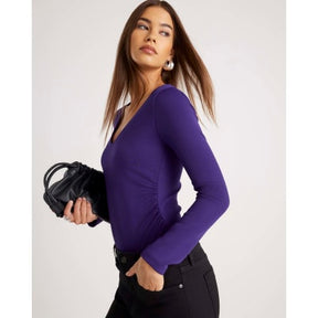 Purple Long Sleeve V Neck Ruched Bodysuit