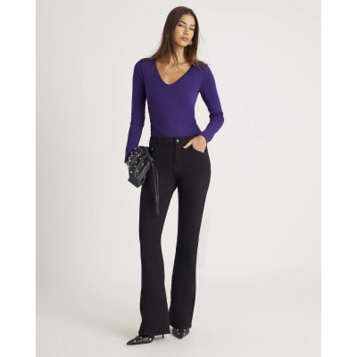 Purple Long Sleeve V Neck Ruched Bodysuit