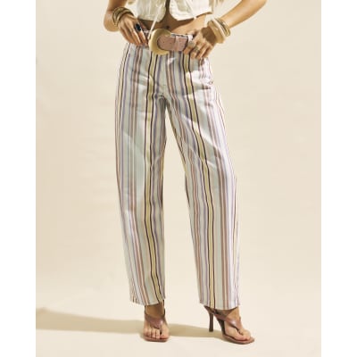 Purple Mid Rise Stripe Barrel Leg Jeans