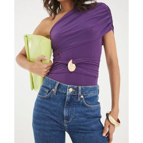 Purple One Shouldered Gold Trim Bodysuit